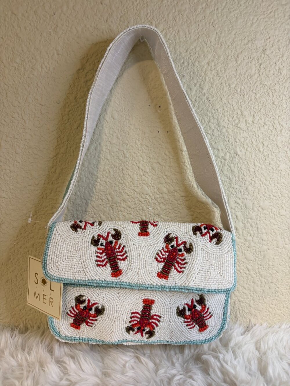 Lobster Beaded Shoulder Bag Made In India White Red Coastal Novelty Purse NWT